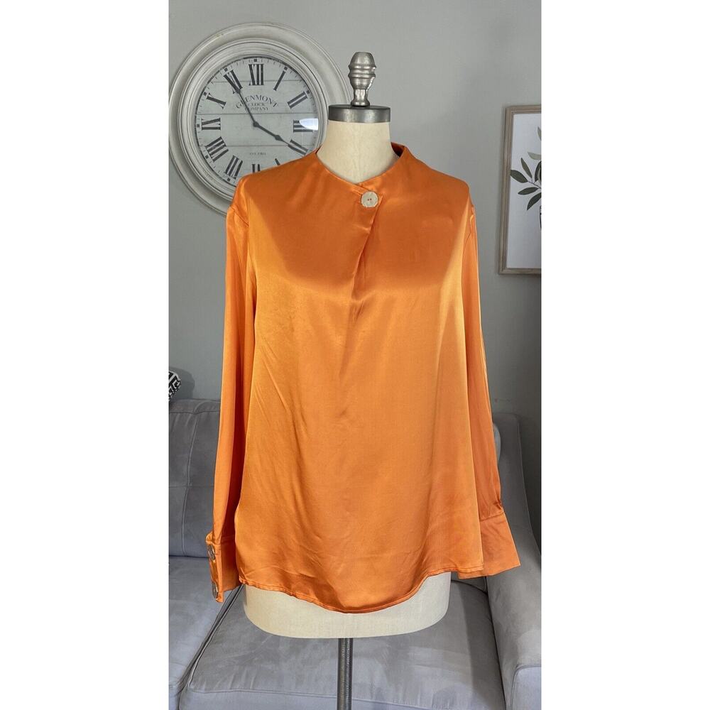 MNG Mango Womens Sz 8 Satin Top Blouse High Neck Long Sleeve Light Bronze Orange